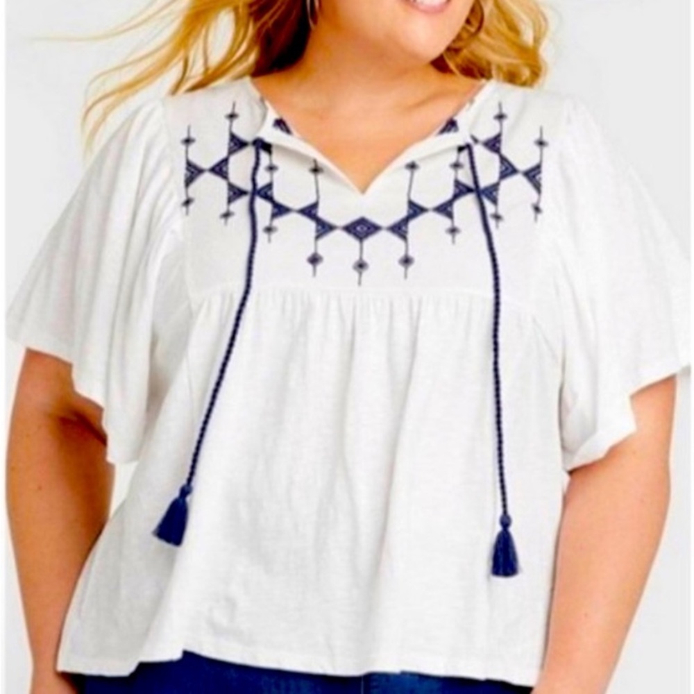 Knox Rose White Blouse with Navy Embroidery XL